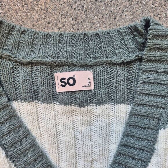 SO Women's Sage Green & White Cotton/Acrylic Striped Sweater Ribbed Knit Button - Picture 8 of 9